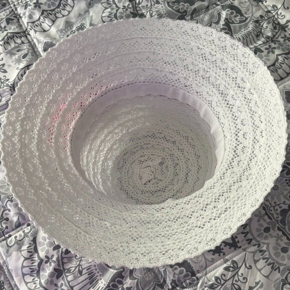 White Lace Wide Brim Sun Hat Pink Ribbon Bow Church Derby Tea Party main image 4